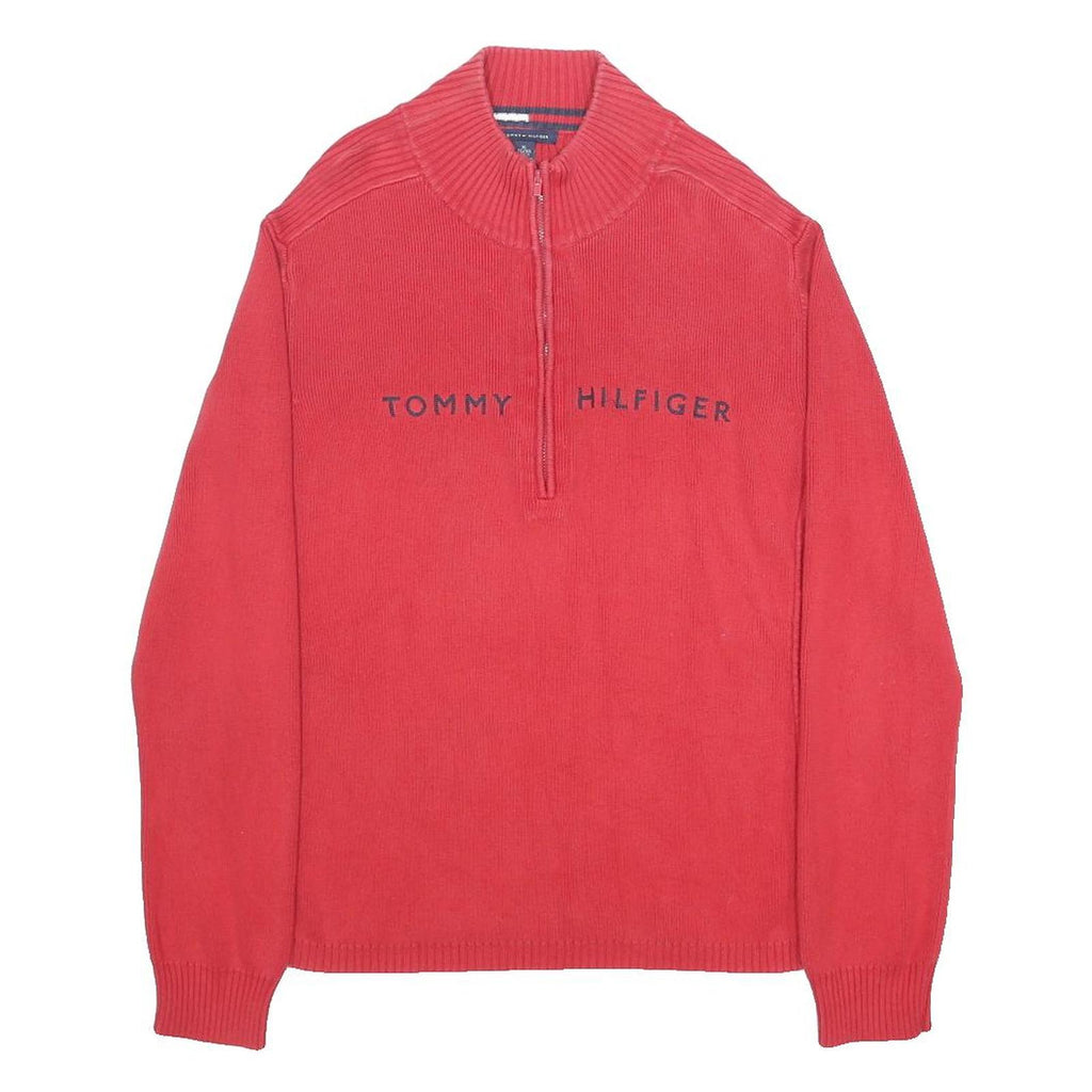 TOMMY HILFIGER Mens Red Cotton Plain Pullover Jumper Crew Neck XL Zip Fashion