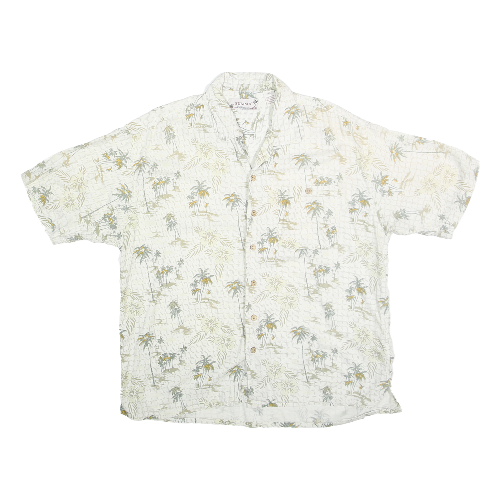 SUMMA Mens White & Green Palm Tree Print Casual Shirt XL Summer Pattern Cotton