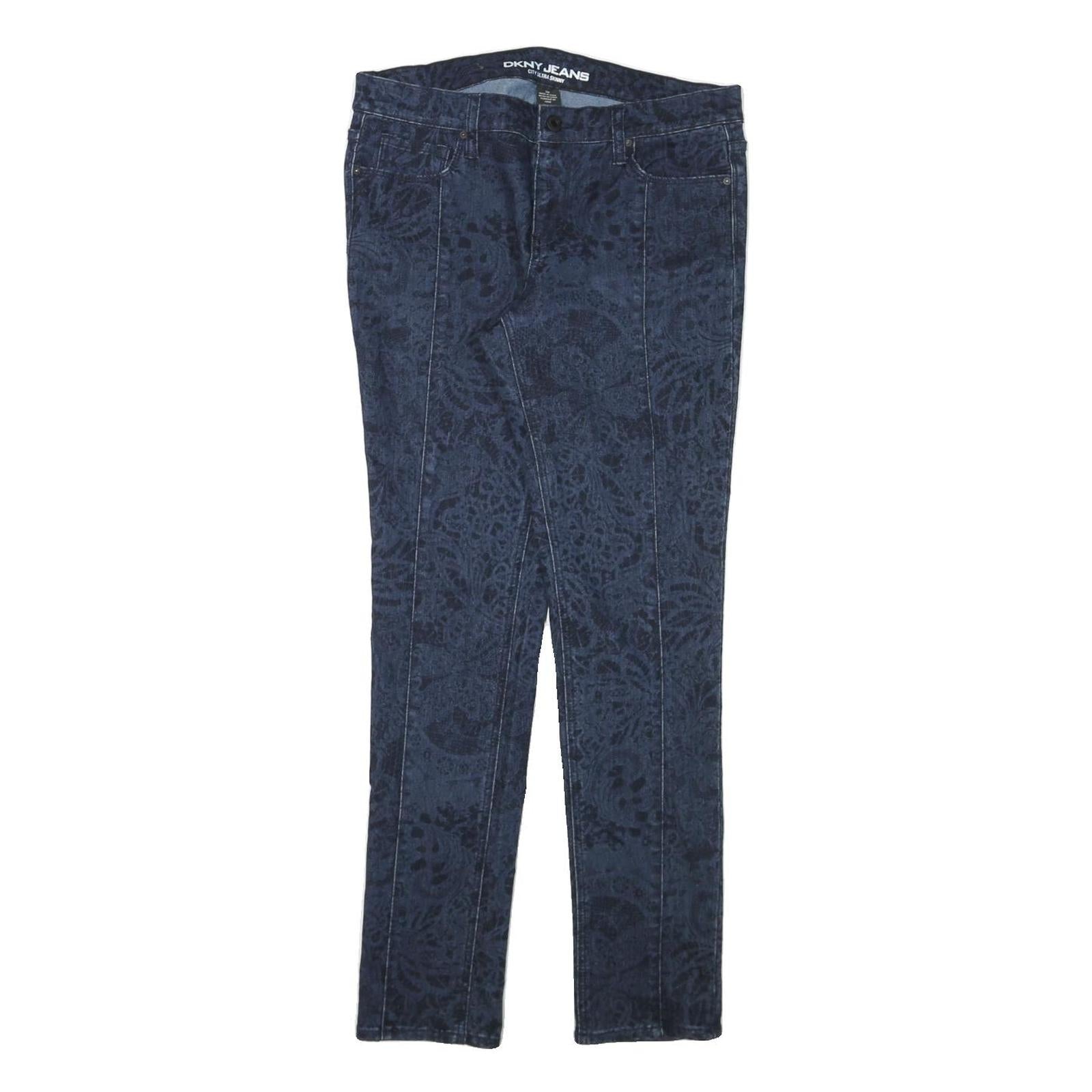 DKNY Womens Slim Blue Denim Jeans W31 L30 Floral Print Cotton Blend Zip