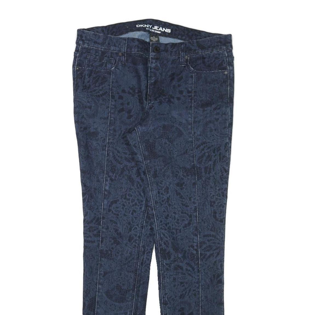 DKNY Womens Slim Blue Denim Jeans W31 L30 Floral Print Cotton Blend Zip