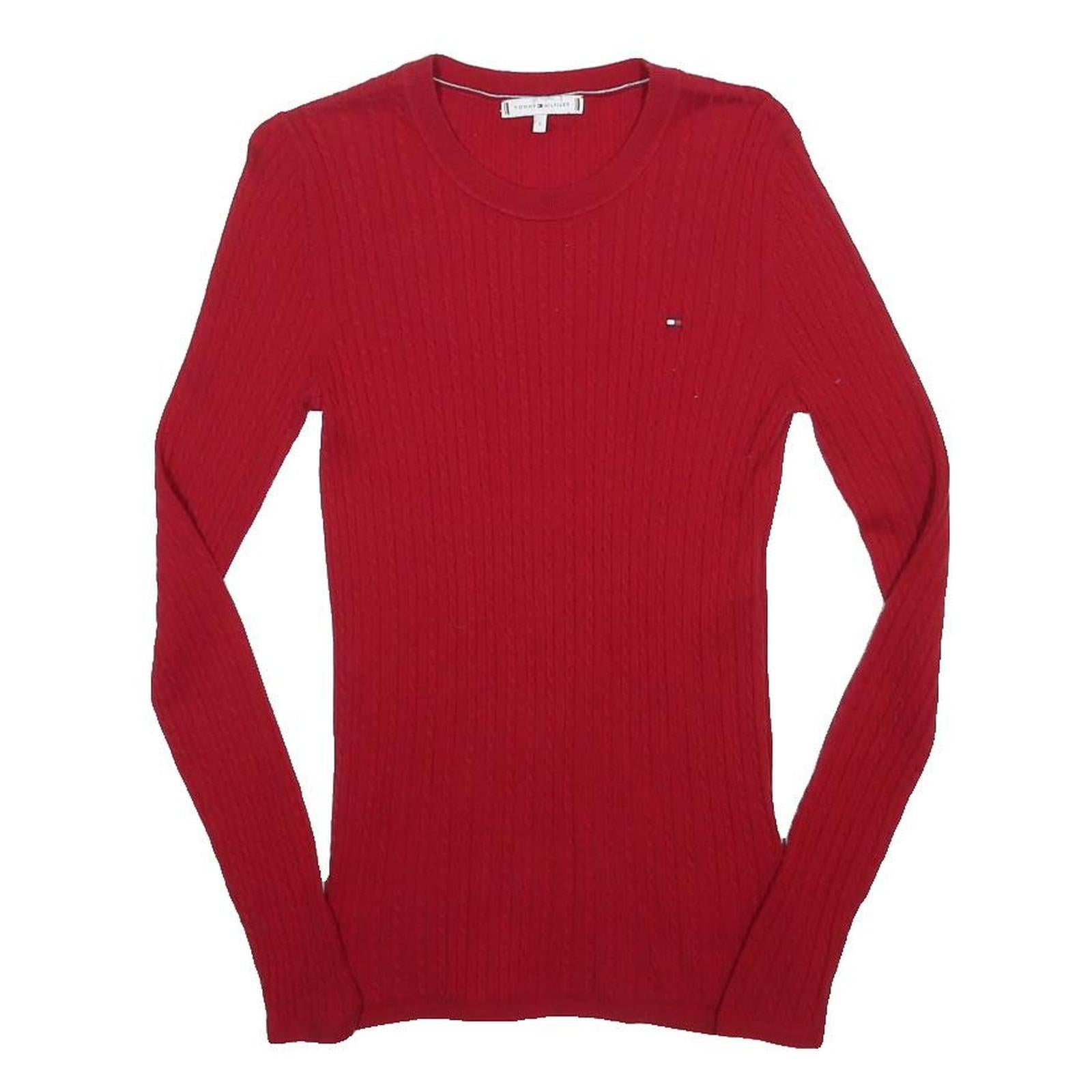 TOMMY HILFIGER Womens Red Patterned Jumper Crew Neck Cable Knit S Wool Blend