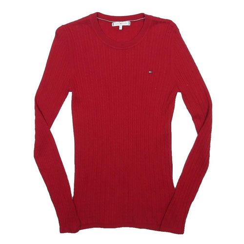 TOMMY HILFIGER Womens Red Patterned Jumper Crew Neck Cable Knit S Wool Blend