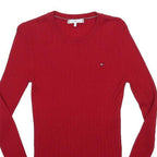 TOMMY HILFIGER Womens Red Patterned Jumper Crew Neck Cable Knit S Wool Blend