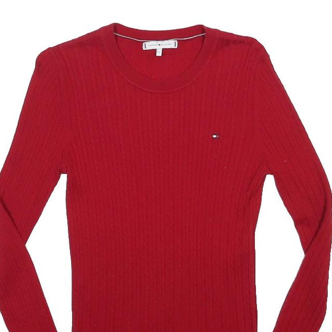 TOMMY HILFIGER Womens Red Patterned Jumper Crew Neck Cable Knit S Wool Blend