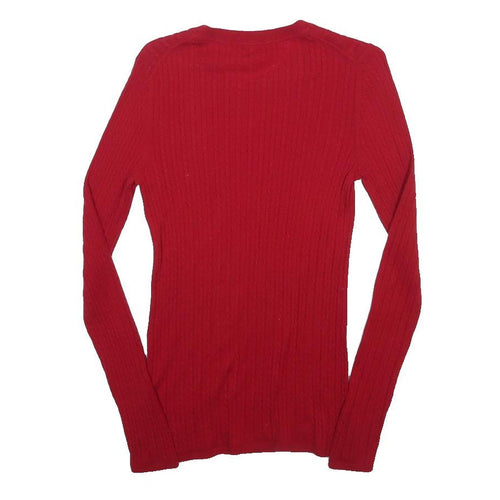 TOMMY HILFIGER Womens Red Patterned Jumper Crew Neck Cable Knit S Wool Blend