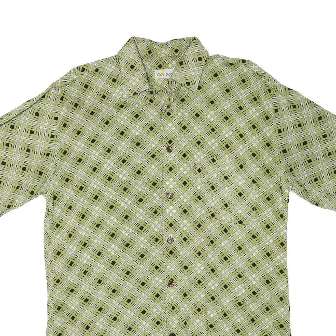 COLDOR Mens Green Checked Rayon Shirt M Lightweight Summer Casual Short Sleeve