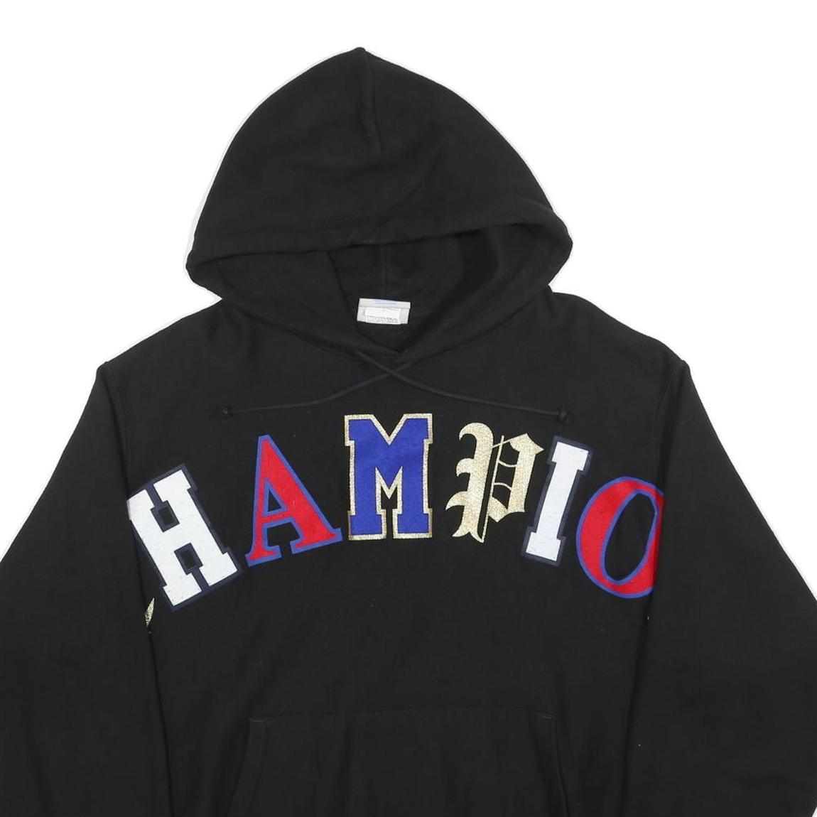CHAMPION REVERSE WEAVE Mens Black Hoodie L Cotton Pullover Hooded Sweatshirt