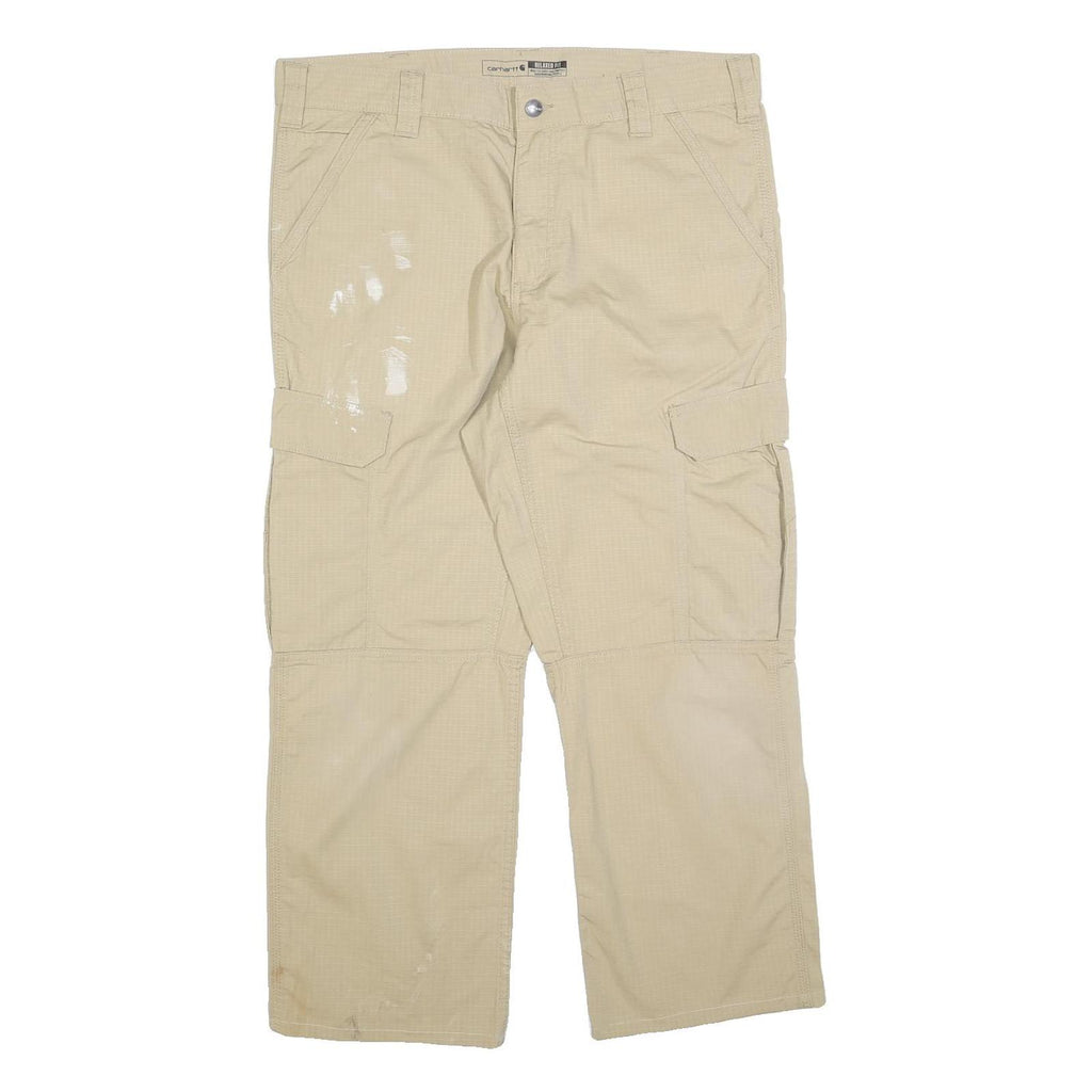 CARHARTT Mens Beige Relaxed Cargo Trousers W36 L27 Cotton Blend Zip Pockets