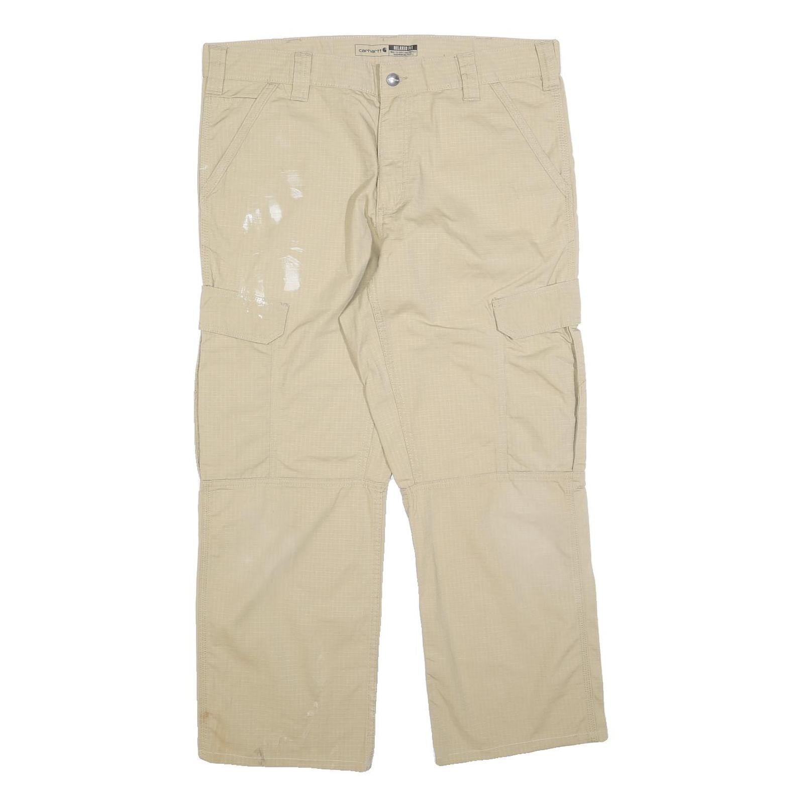 CARHARTT Mens Beige Relaxed Cargo Trousers W36 L27 Cotton Blend Zip Pockets