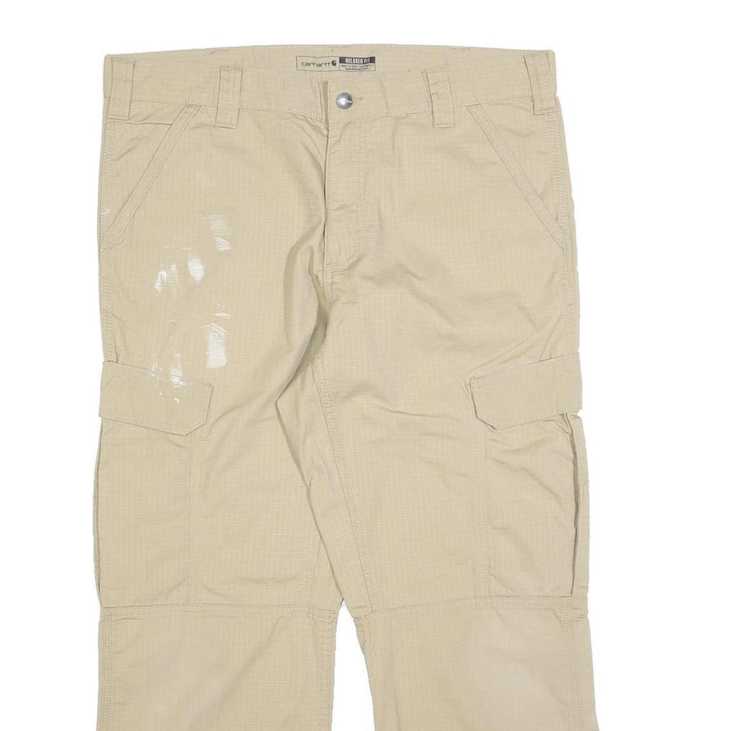 CARHARTT Mens Beige Relaxed Cargo Trousers W36 L27 Cotton Blend Zip Pockets