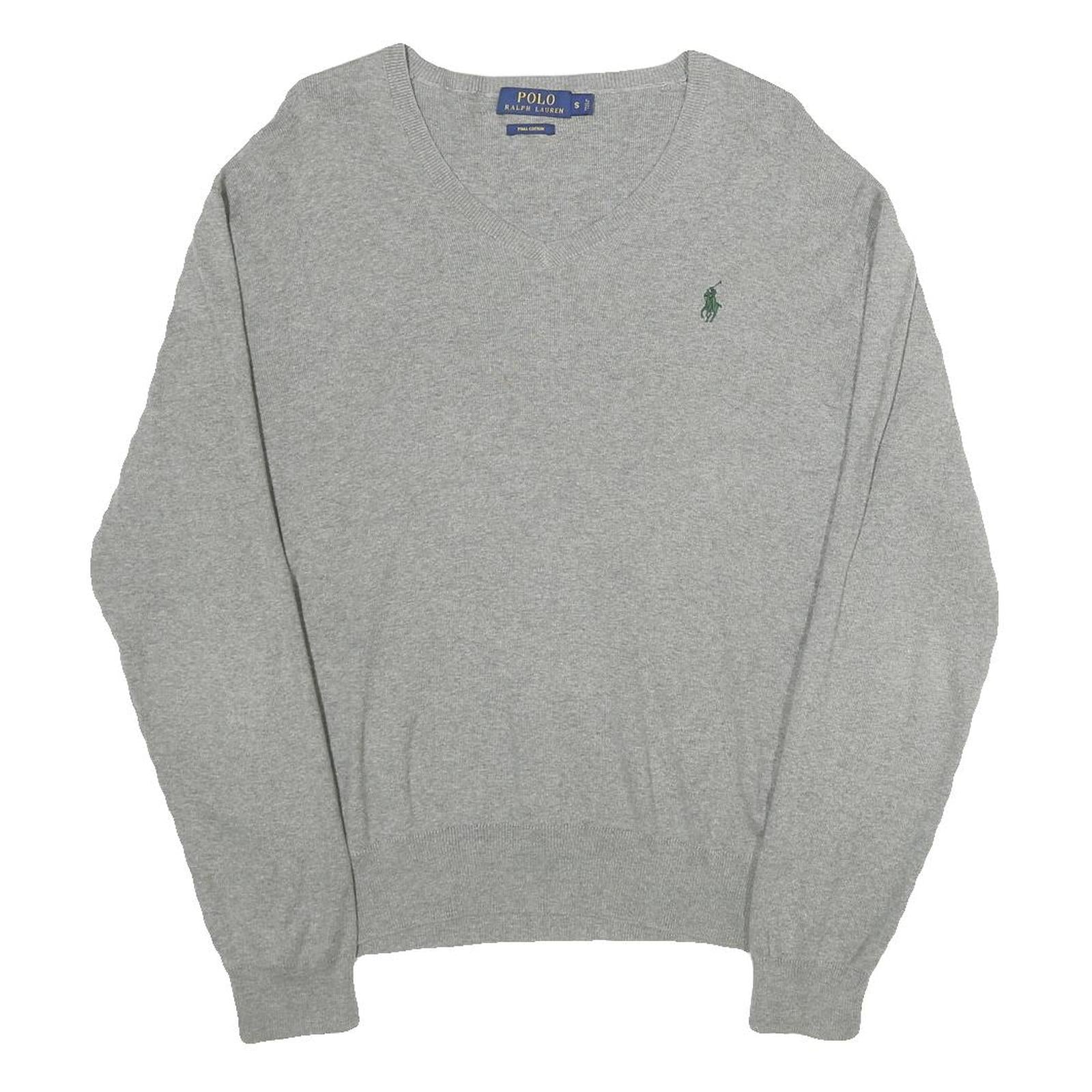 POLO RALPH LAUREN Mens Grey Plain Jumper V-Neck Basic Knit S Cotton Classic