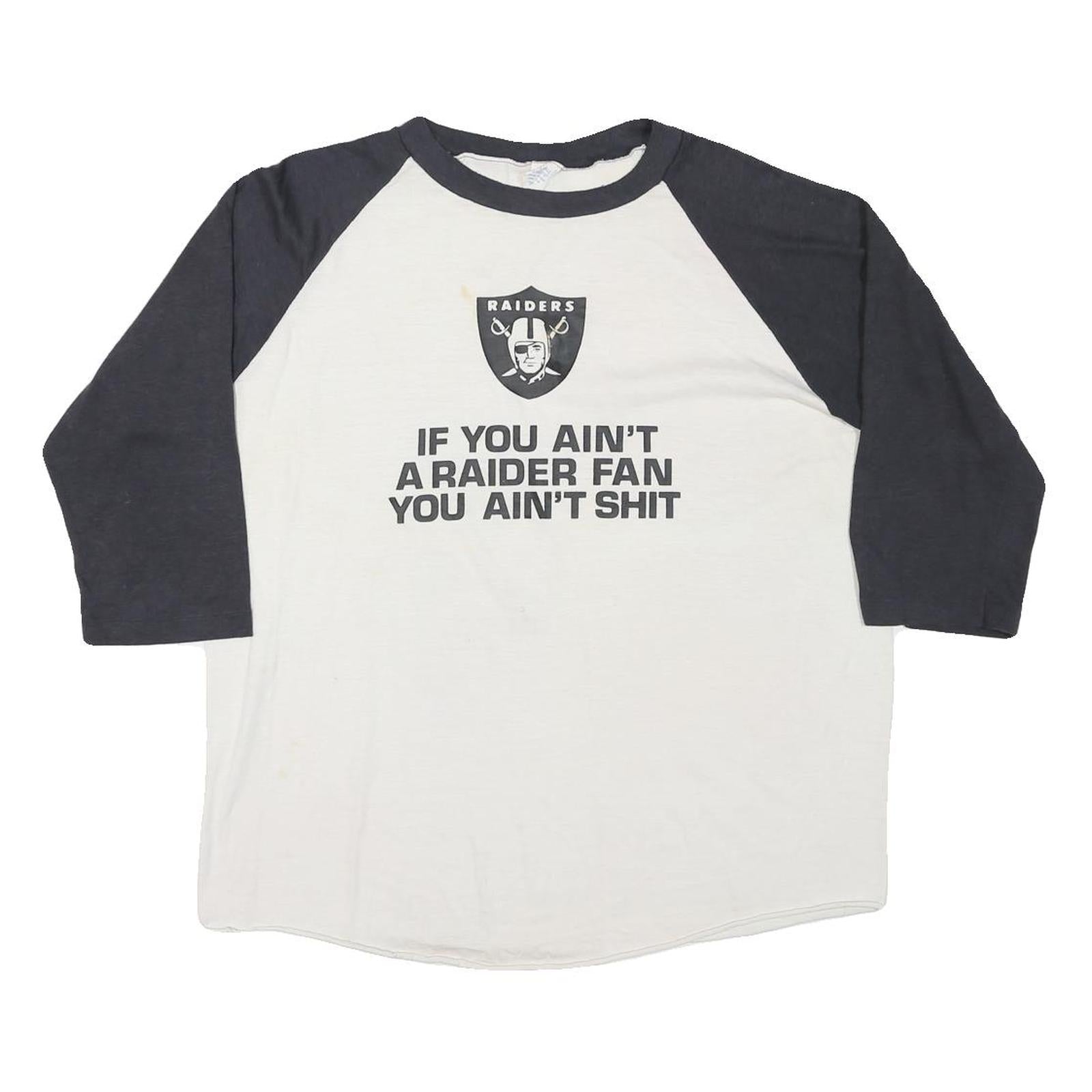 Mens Black & White Raiders Graphic Baseball T-Shirt XL 3/4 Sleeve Crew Neck