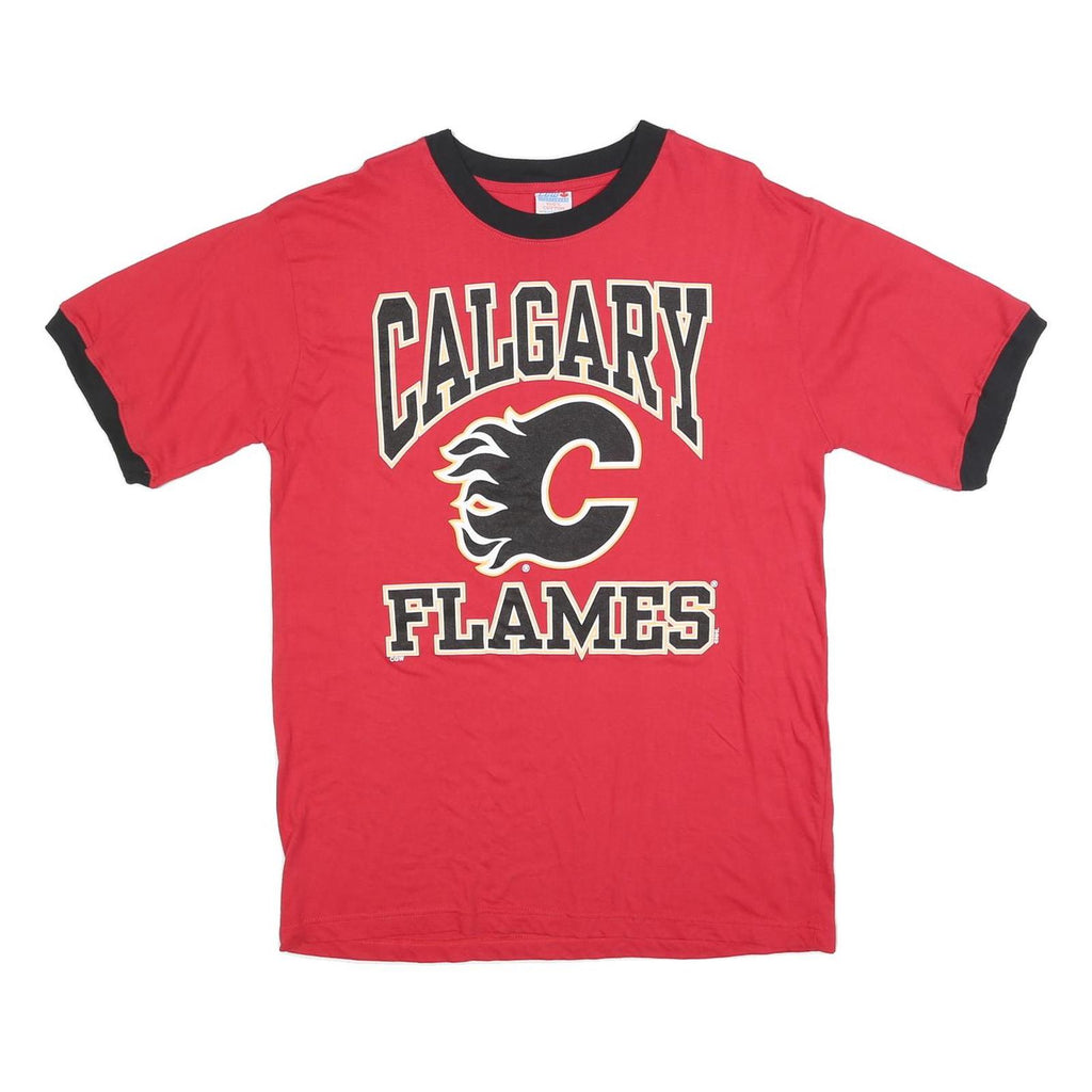 CGW Mens Red & Black Calgary Flames T-Shirt M Short Sleeve Crew Neck Sports Logo