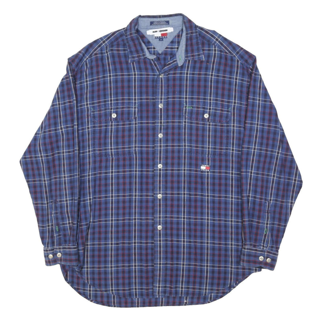 TOMMY HILFIGER Mens Blue Plaid Shirt L Casual Cotton Blend Long Sleeve