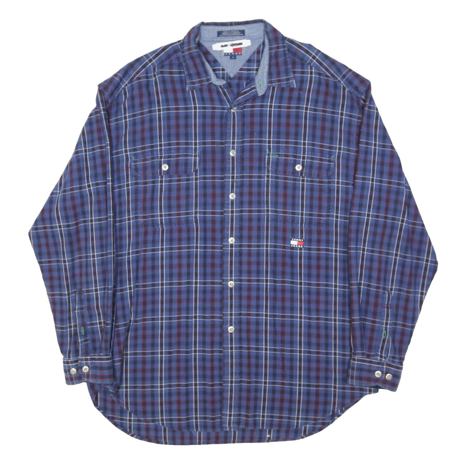 TOMMY HILFIGER Mens Blue Plaid Shirt L Casual Cotton Blend Long Sleeve