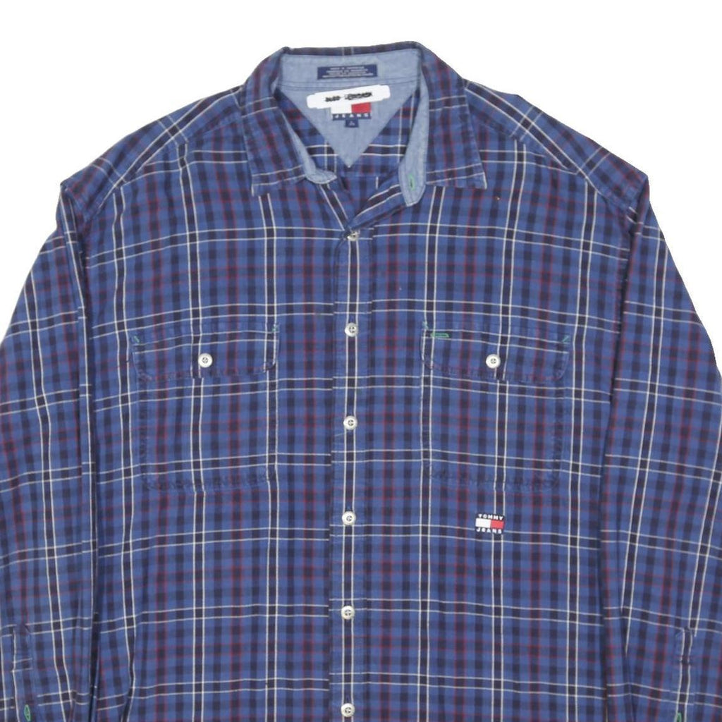 TOMMY HILFIGER Mens Blue Plaid Shirt L Casual Cotton Blend Long Sleeve
