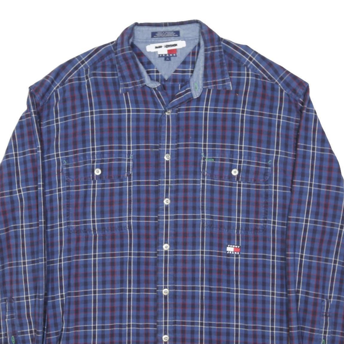 TOMMY HILFIGER Mens Blue Plaid Shirt L Casual Cotton Blend Long Sleeve