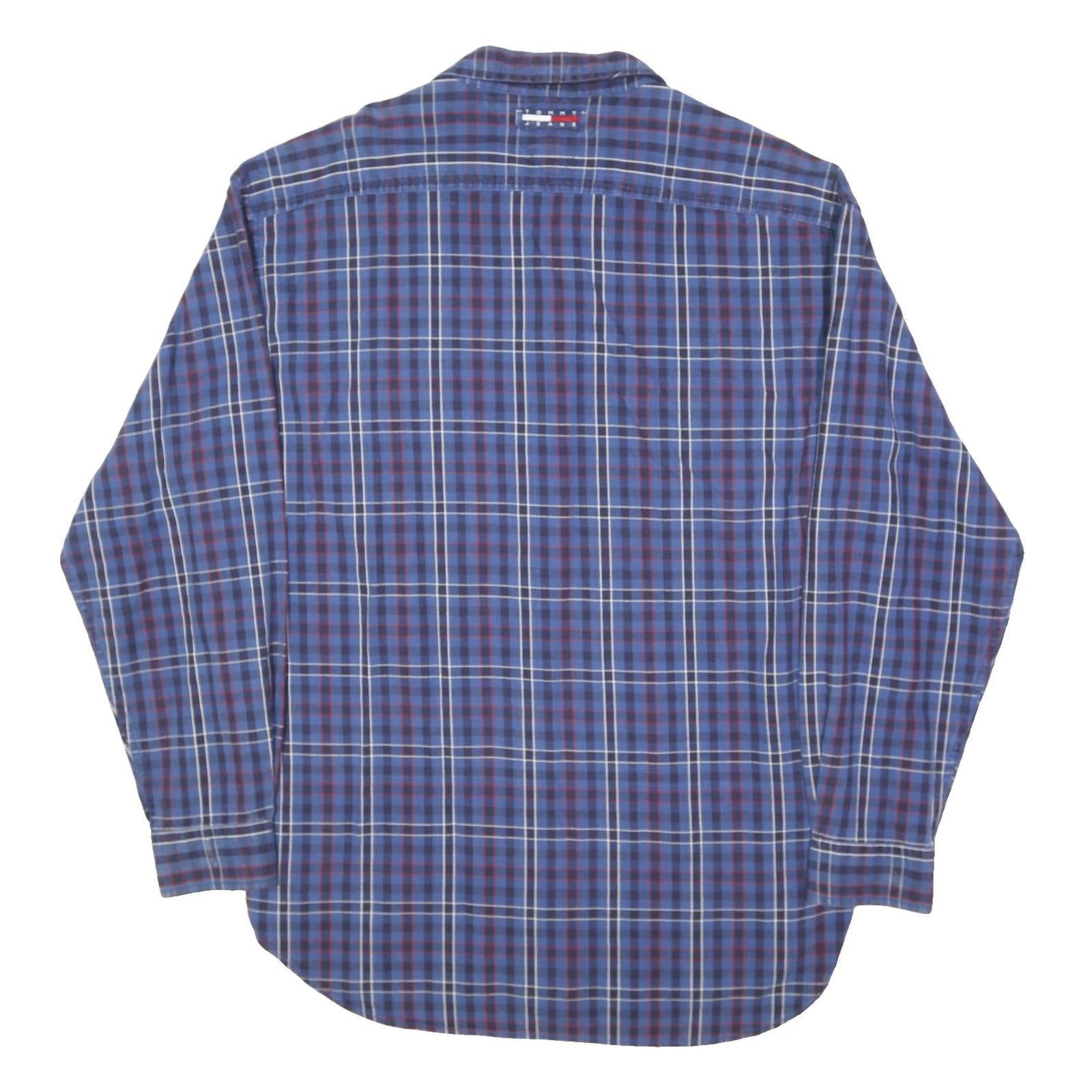 TOMMY HILFIGER Mens Blue Plaid Shirt L Casual Cotton Blend Long Sleeve