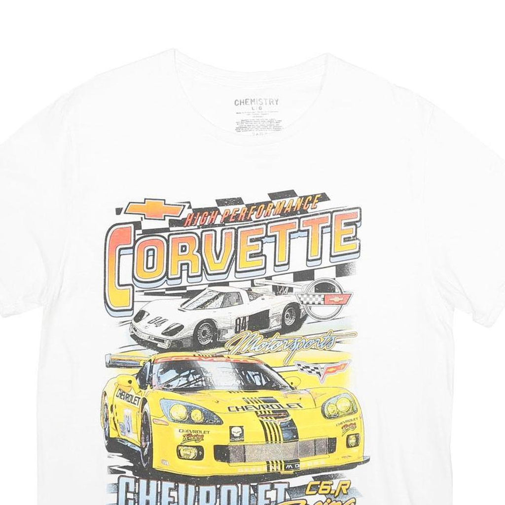 CHEMISTRY Mens White Corvette Graphic T-Shirt L Short Sleeve Crew Neck Racing