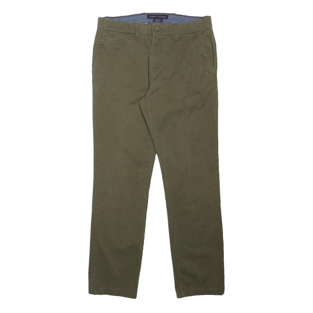 TOMMY HILFIGER Mens Cotton Blend Khaki Slim Straight Trousers W30 L29 Stylish