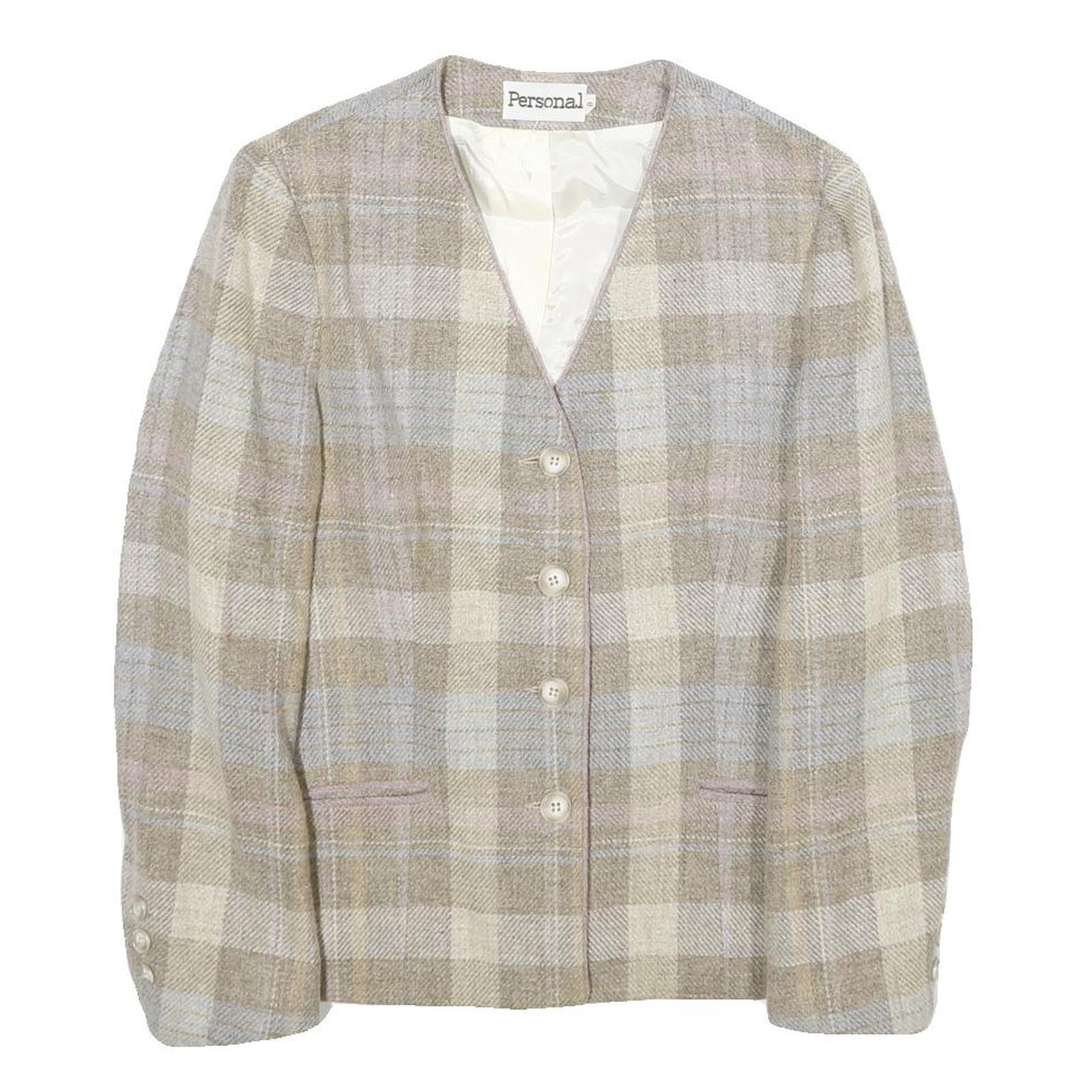 PERSONAL Womens Beige & Cream Wool Blend Check Jacket UK 8 Button Closure