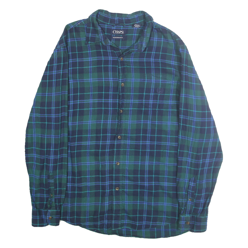 CHAPS Mens Green & Blue Check Shirt XL Classic Cotton Long Sleeve Casual