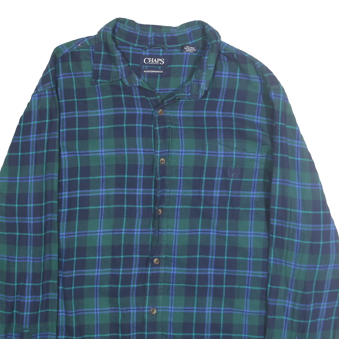 CHAPS Mens Green & Blue Check Shirt XL Classic Cotton Long Sleeve Casual