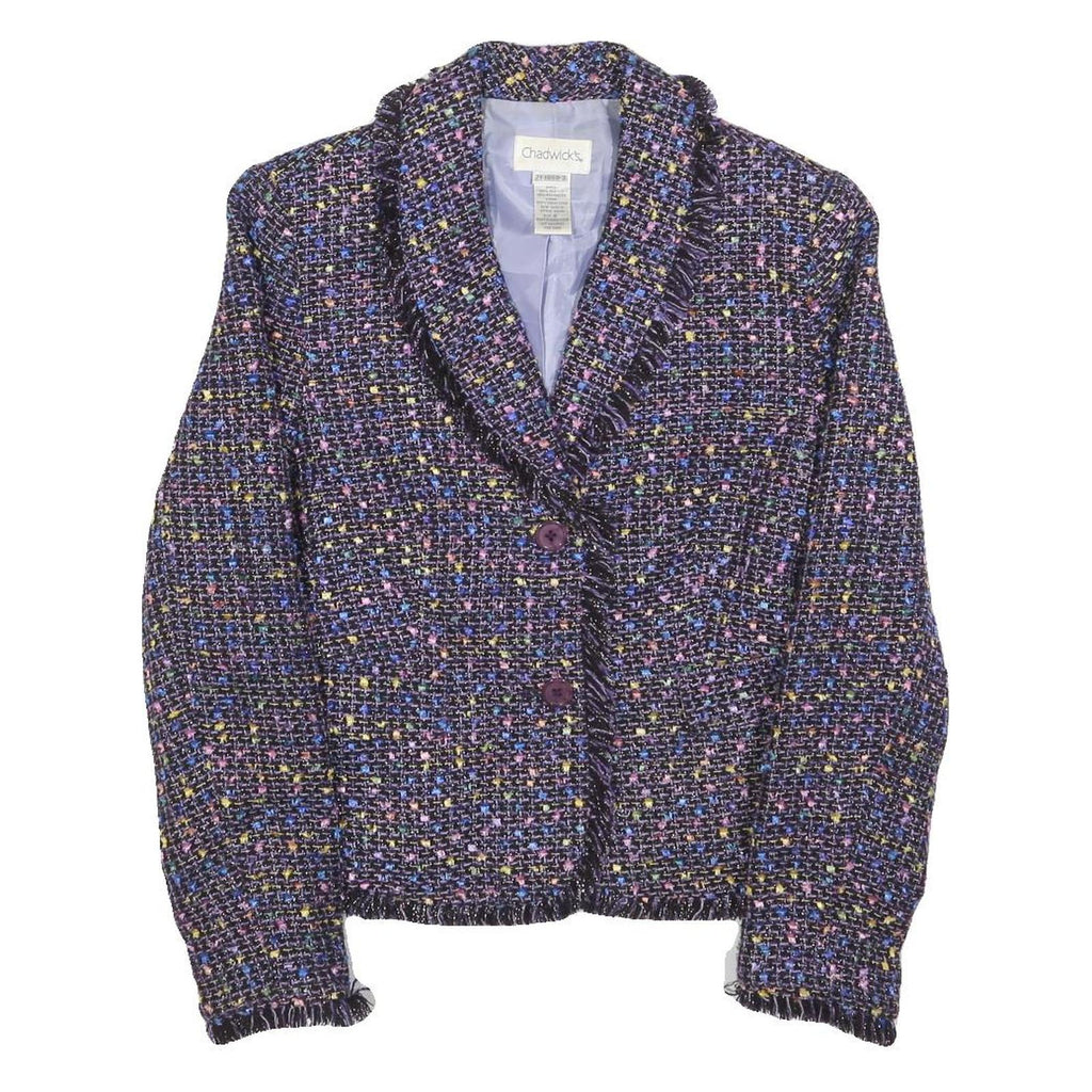 CHADWICKS Womens Blue Plain Button Jacket S Woven Classic Fit Fringed Trim