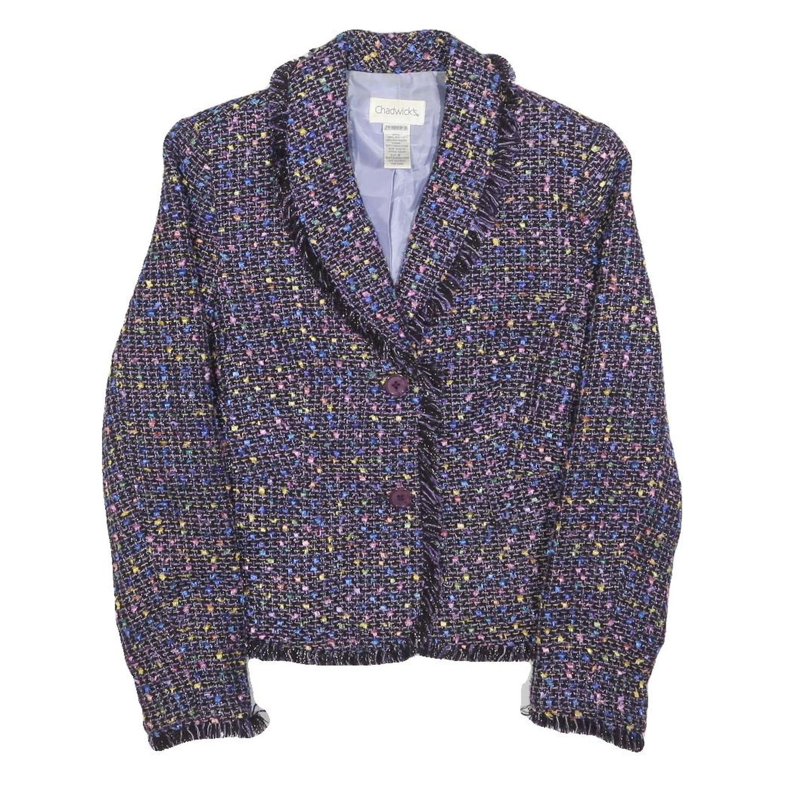 CHADWICKS Womens Blue Plain Button Jacket S Woven Classic Fit Fringed Trim