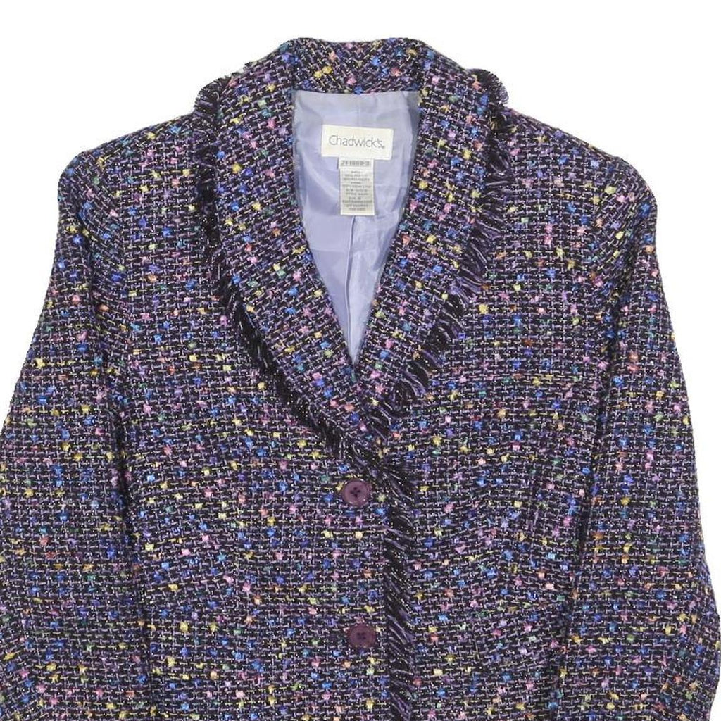 CHADWICKS Womens Blue Plain Button Jacket S Woven Classic Fit Fringed Trim