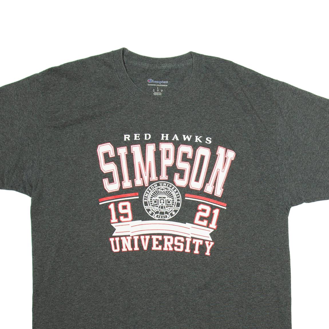 CHAMPION Red Hawks Simpson University Mens T-Shirt Grey USA L