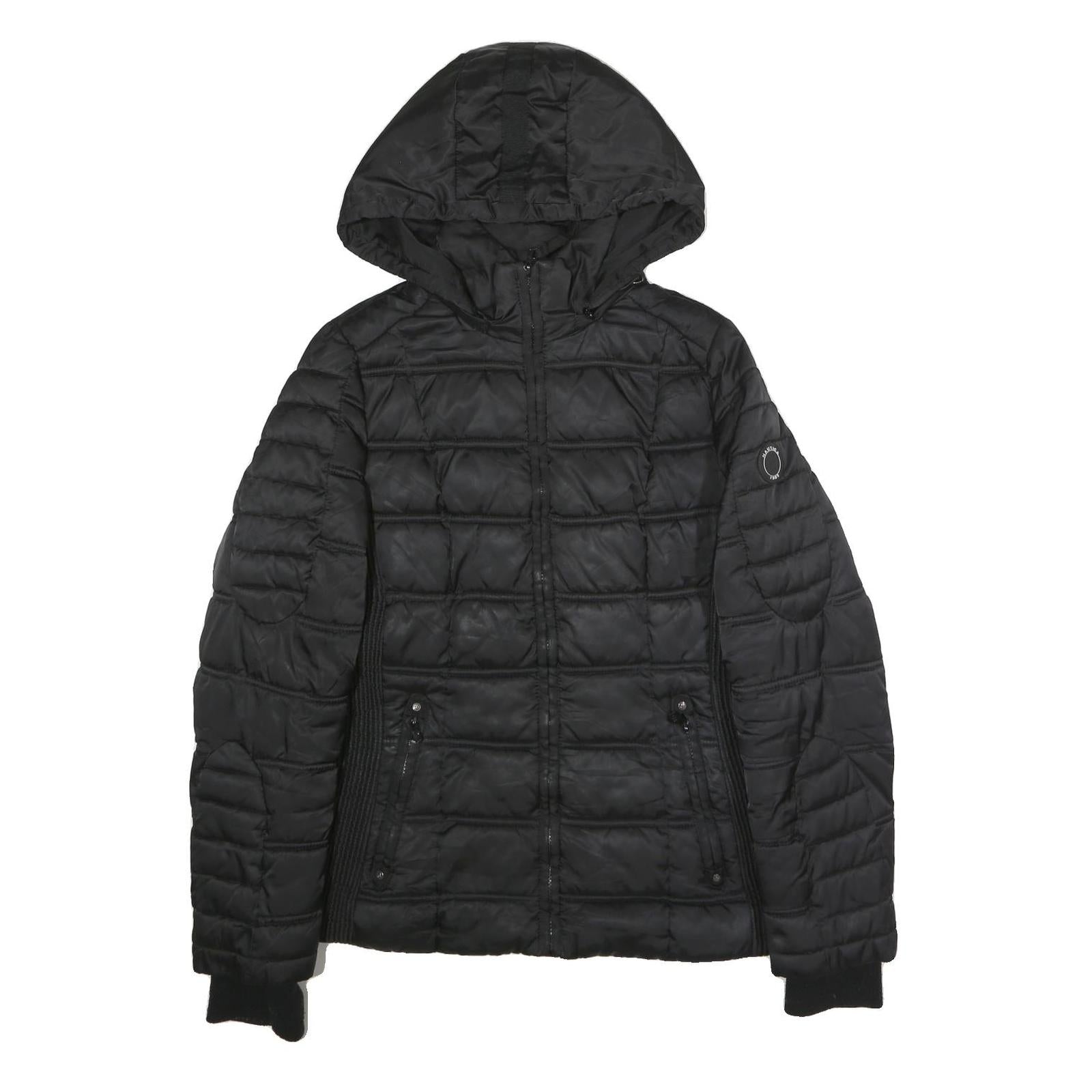 NAUTICA Womens Black Wool Zip Jacket L Quilted Hooded Puffer Lightweight Warm