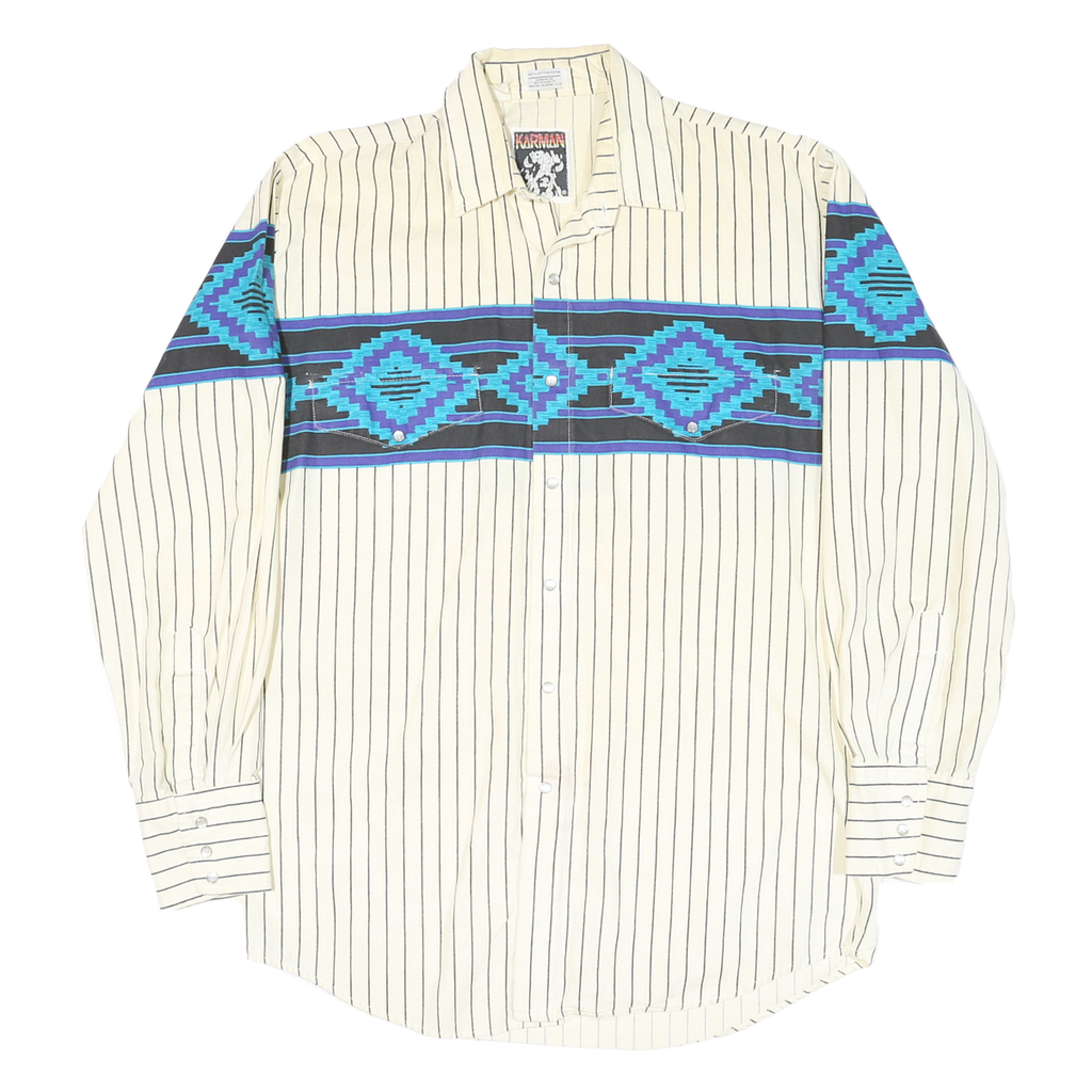 KARMAN Mens Cream & Blue Aztec Pattern Striped Shirt L Cotton Blend Button Front