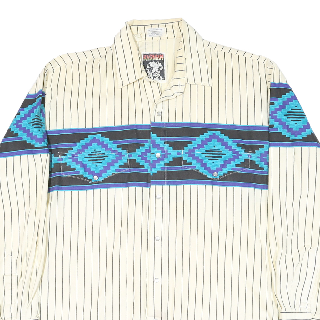 KARMAN Mens Cream & Blue Aztec Pattern Striped Shirt L Cotton Blend Button Front