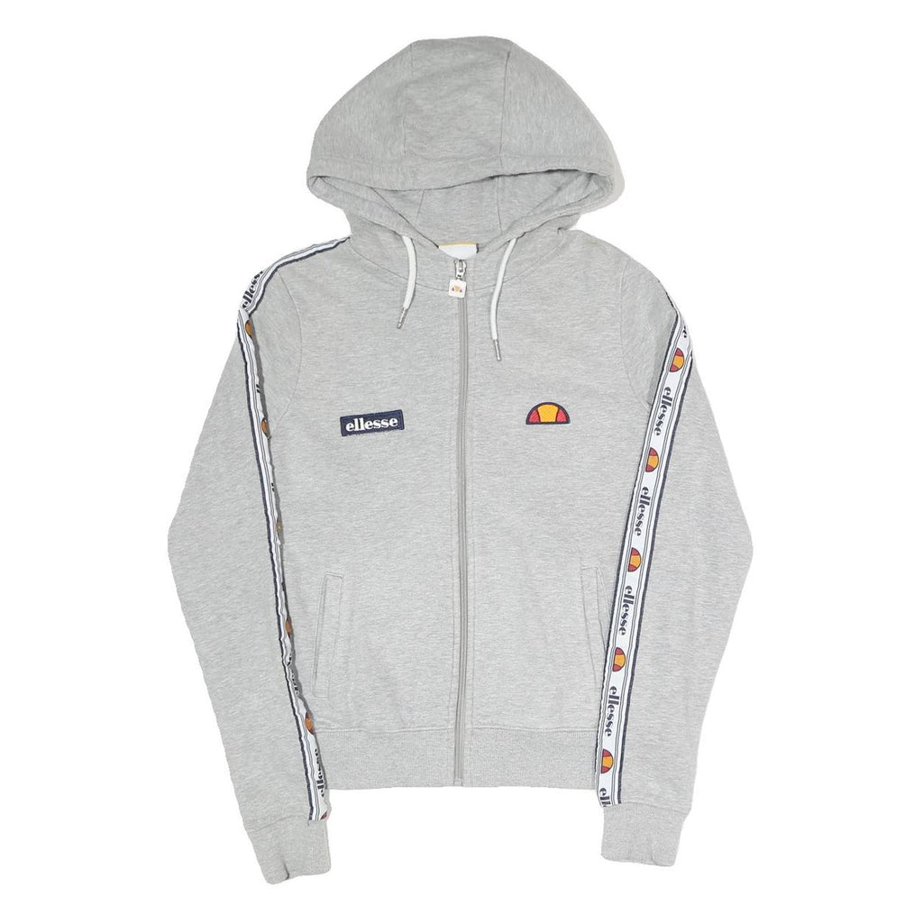 ELLESSE Womens Grey Full Zip Hoodie UK 8 Logo Tape Stripe Casual Cotton Blend