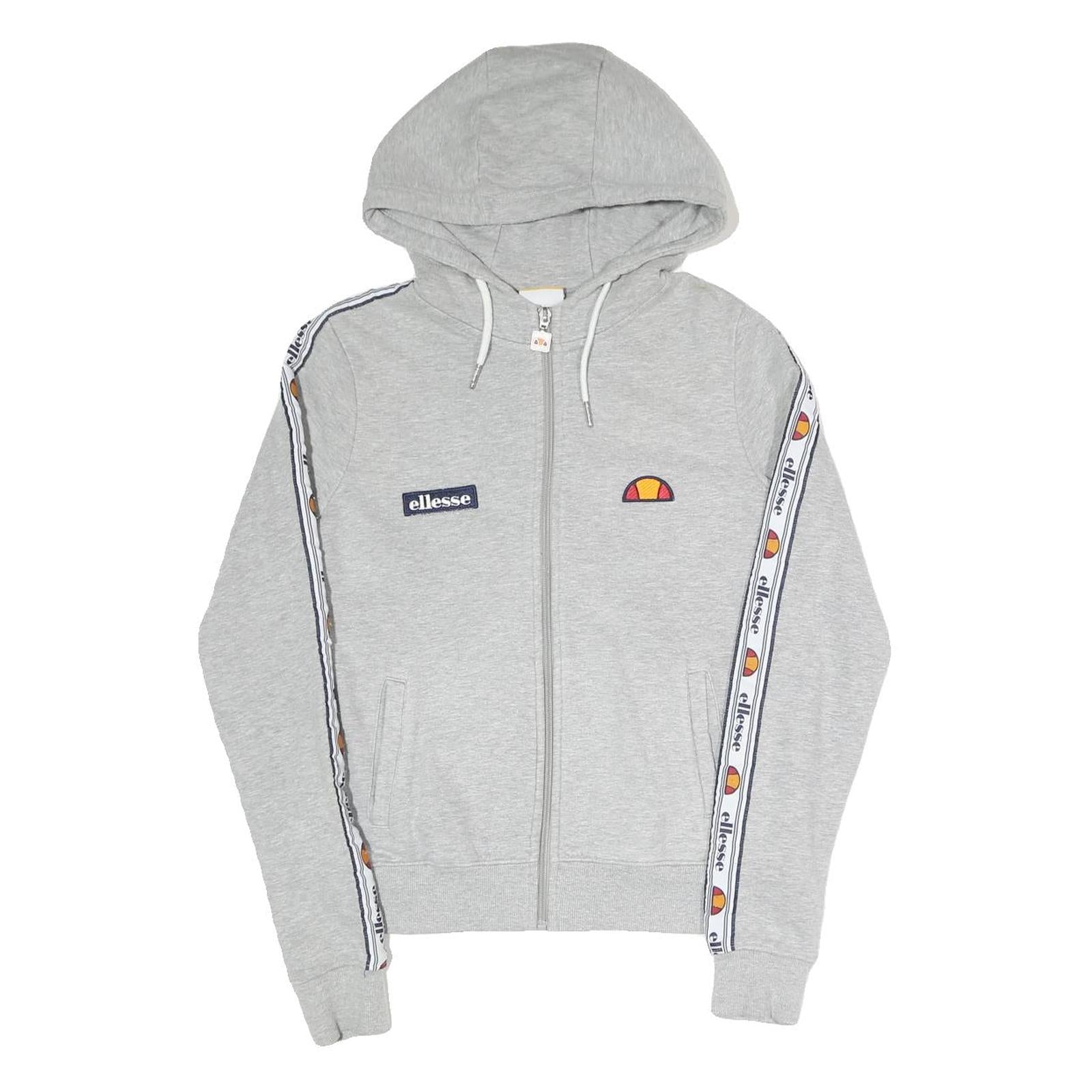 ELLESSE Womens Grey Full Zip Hoodie UK 8 Logo Tape Stripe Casual Cotton Blend