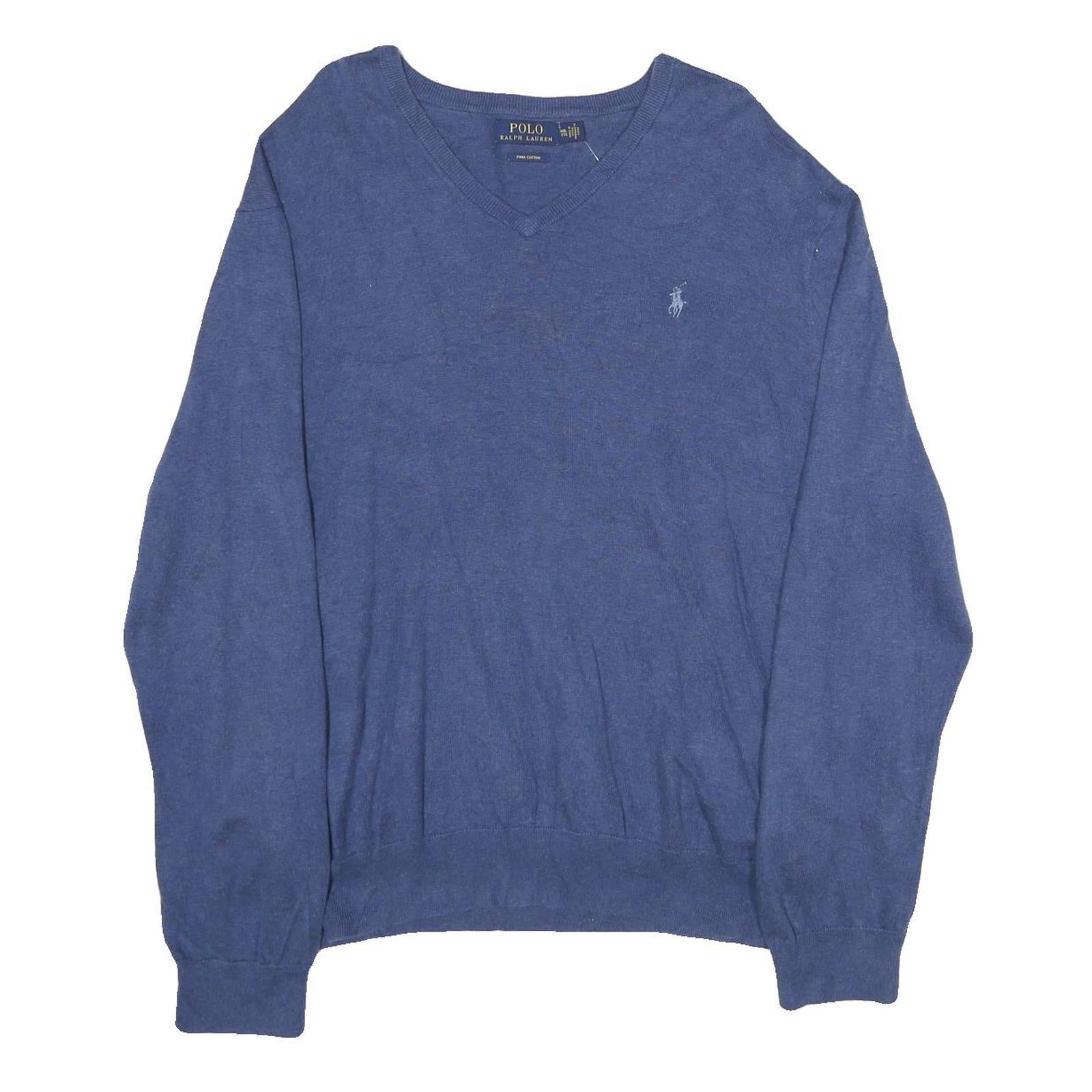 POLO RALPH LAUREN Mens Blue Plain Cotton V-Neck Basic Knit 2XL Jumper