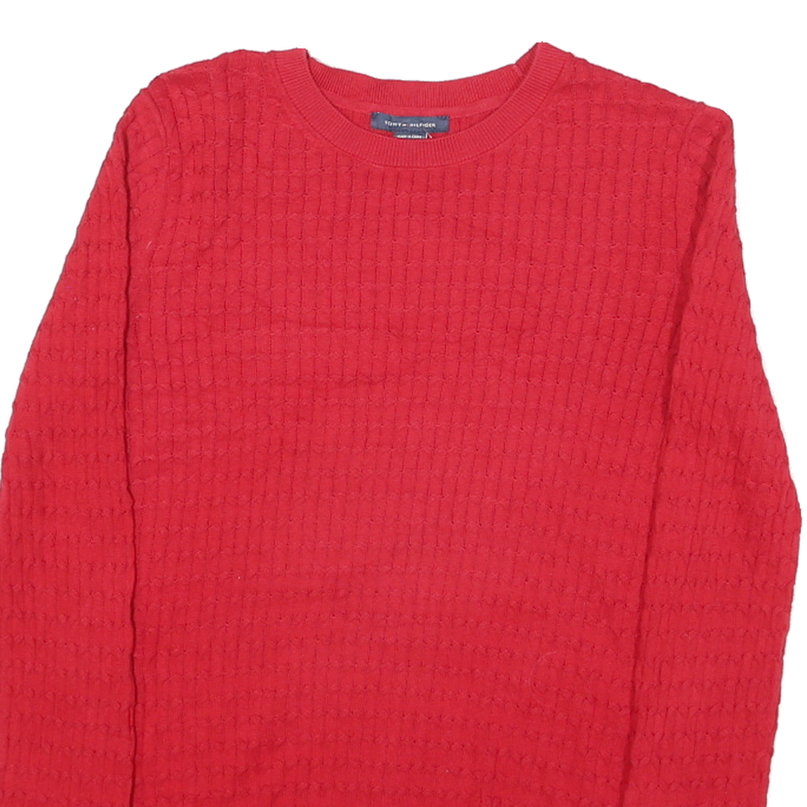 TOMMY HILFIGER Womens Red Patterned Jumper Crew Neck Cable Knit S Cotton Blend