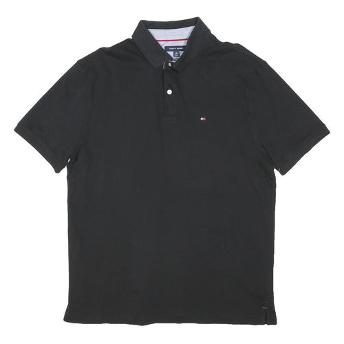 TOMMY HILFIGER Mens Black Short Sleeve Polo Shirt XL Cotton Blend Classic Fit