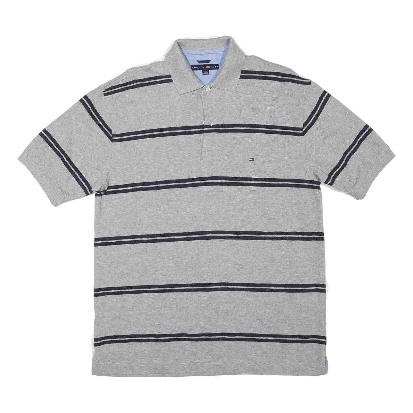 TOMMY HILFIGER Mens Grey Short Sleeve Striped Polo Shirt L Classic Cotton Blend