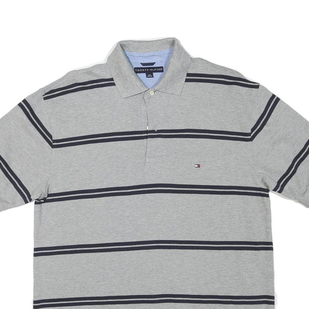 TOMMY HILFIGER Mens Grey Short Sleeve Striped Polo Shirt L Classic Cotton Blend