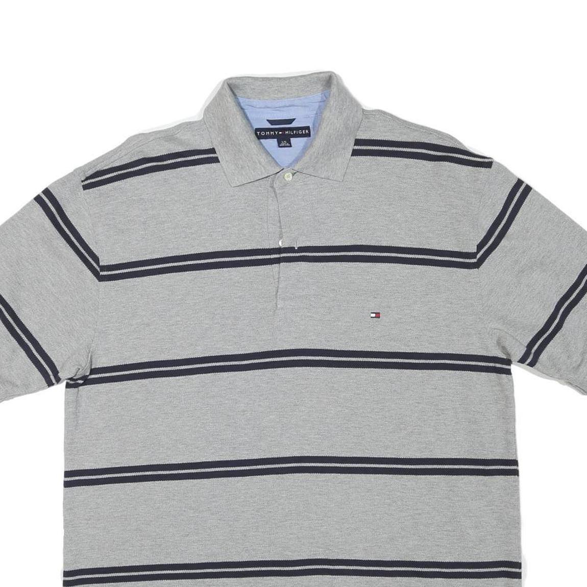 TOMMY HILFIGER Mens Grey Short Sleeve Striped Polo Shirt L Classic Cotton Blend