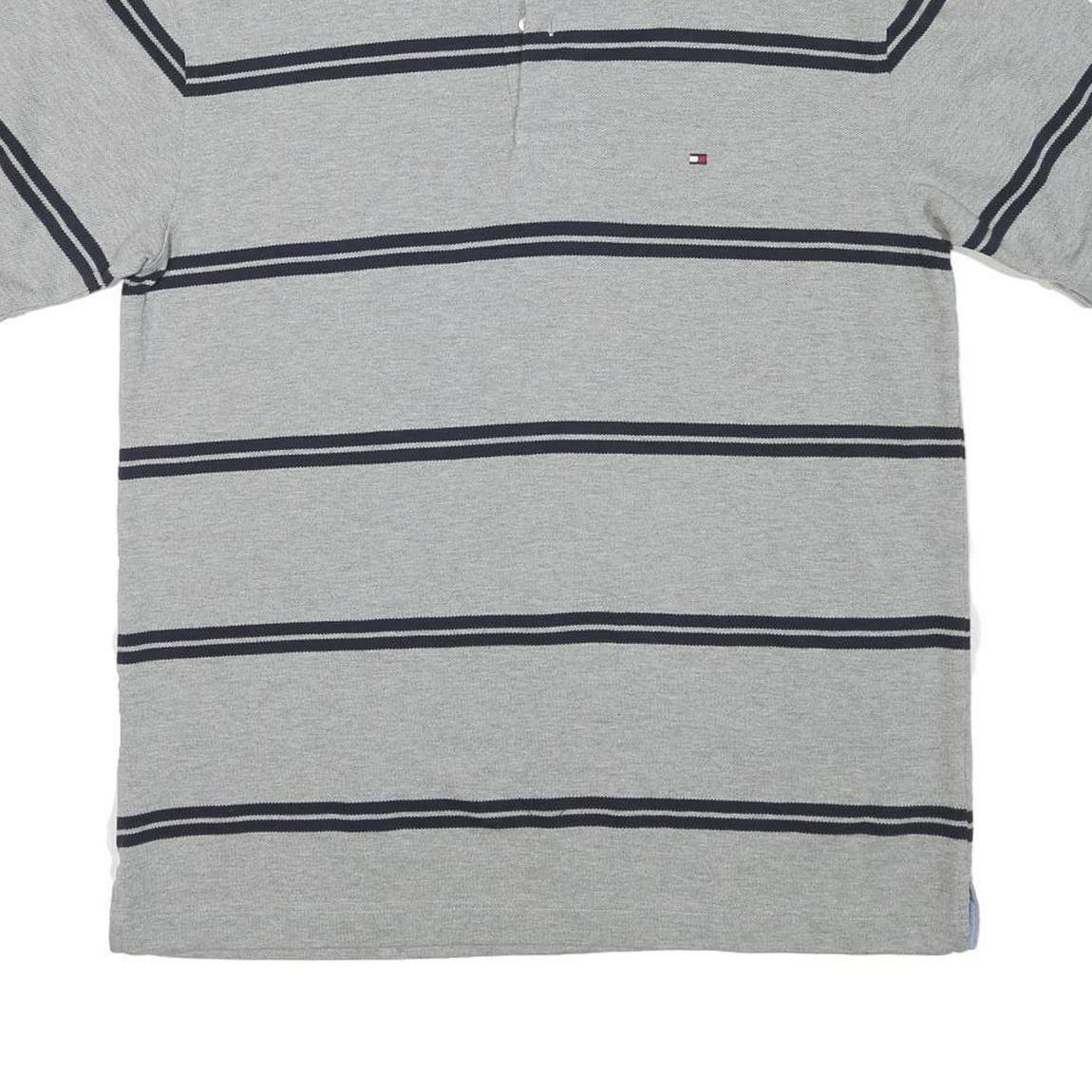 TOMMY HILFIGER Mens Grey Short Sleeve Striped Polo Shirt L Classic Cotton Blend