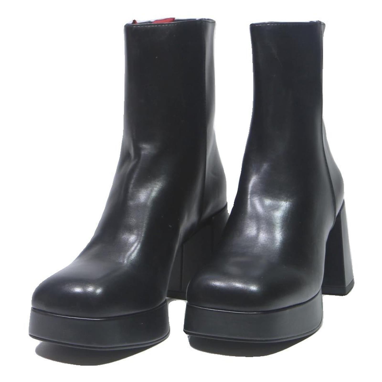 CHARLES & KEITH Womens Platform Ankle Boots Black Leather UK 3 Stylish