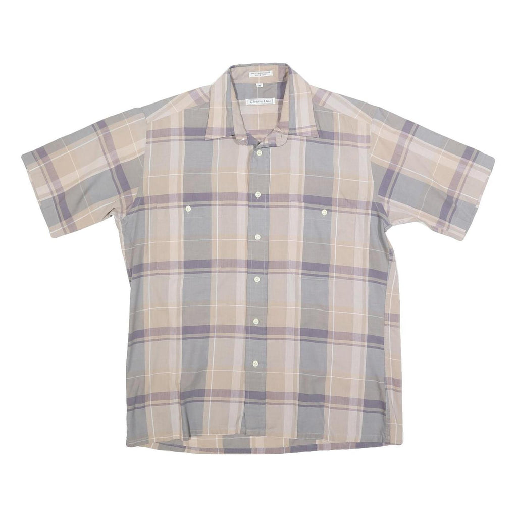 CHRISTIAN DIOR Mens Beige & Grey Check Shirt M Cotton Blend Short Sleeve Button