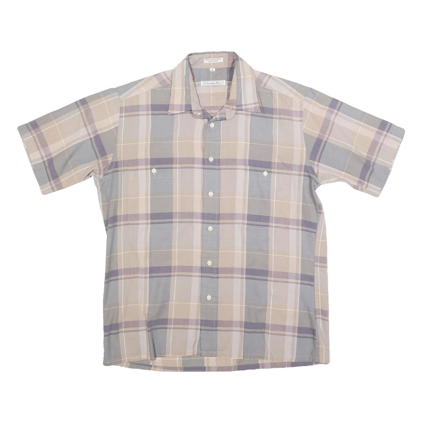 CHRISTIAN DIOR Mens Beige & Grey Check Shirt M Cotton Blend Short Sleeve Button