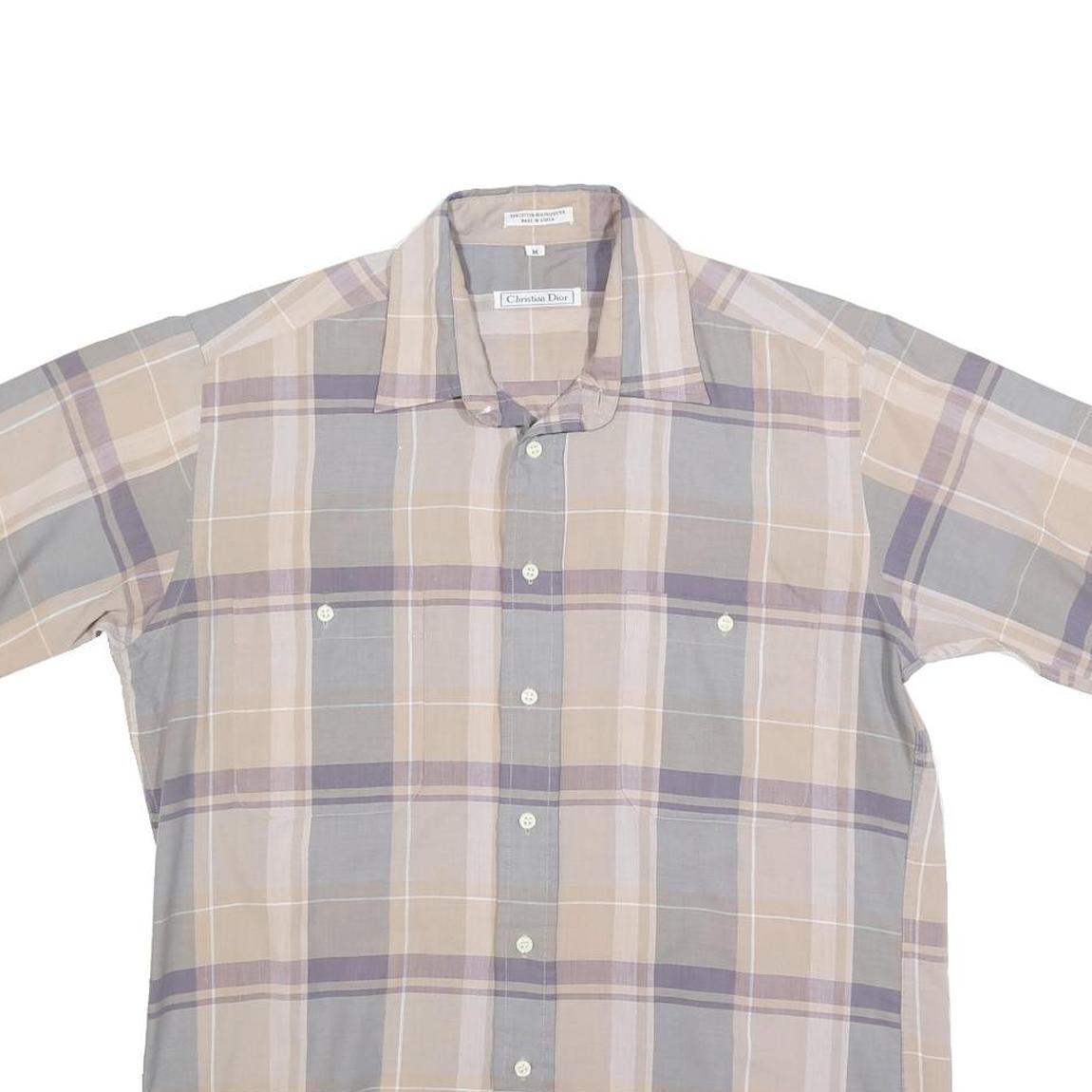 CHRISTIAN DIOR Mens Beige & Grey Check Shirt M Cotton Blend Short Sleeve Button