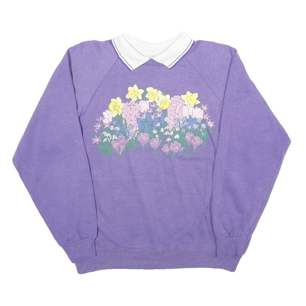 MORNING SUN Womens Purple Sweatshirt Floral Print Polo Collar L Casual Pullover