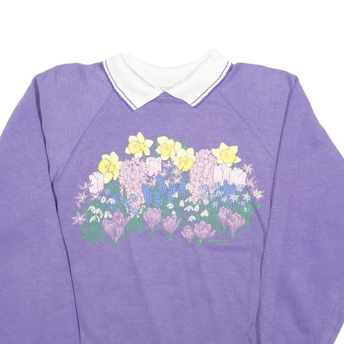 MORNING SUN Womens Purple Sweatshirt Floral Print Polo Collar L Casual Pullover