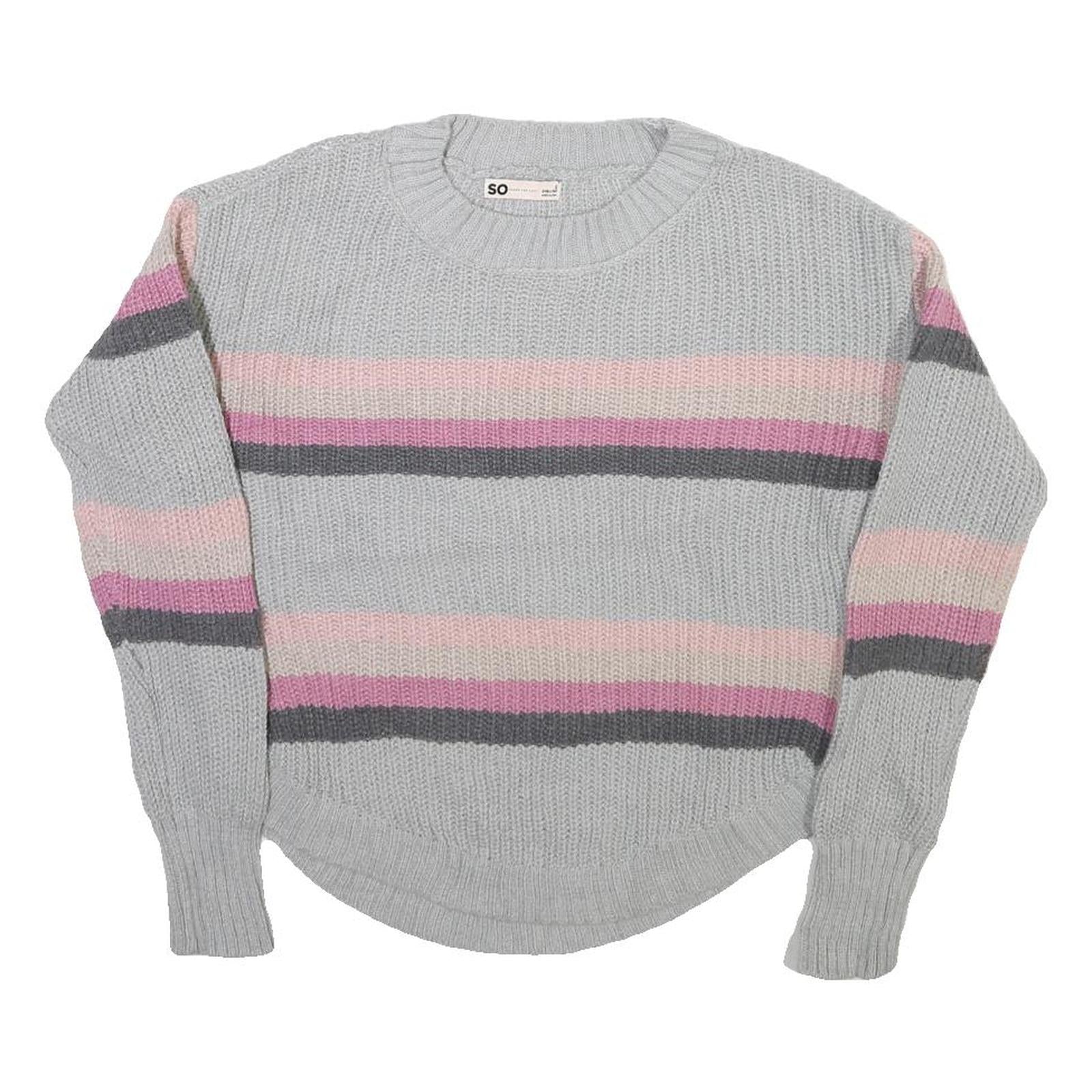 SO Womens Grey Pink Striped Plain Crew Neck Basic Knit Jumper S Casual Cotton